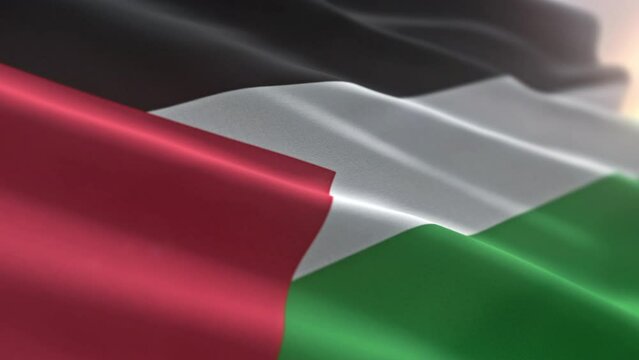 Animation of the realistic palestine flag fluttering with the wind. Realistic flag of the arabic State of Palestine. Realistic flag of Palestine nation in black white green stripes with a red triangle