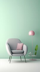 1244. minimalist Accent chair in front of light pastel wall. Generative Ai