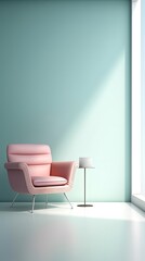 1302. minimalist Lounge chair in front of light color wall. Generative Ai
