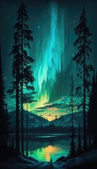 landscape with a lake northern lights