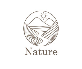 Nature landscape, lake and mountain farm logo template.