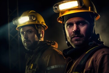 portrait photograph of power electrician Two people working at height wearing safety gear from a high voltage pylon.Generated with AI