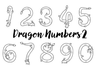 モノクロ_手描きの辰年、年賀状に使えるドラゴンの数字イラスト素材