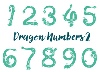 ステンシル風_手描きの辰年、年賀状に使えるドラゴンの数字イラスト素材