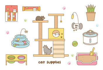 A collection of toys and household items for cats. cute outline style illustration.
