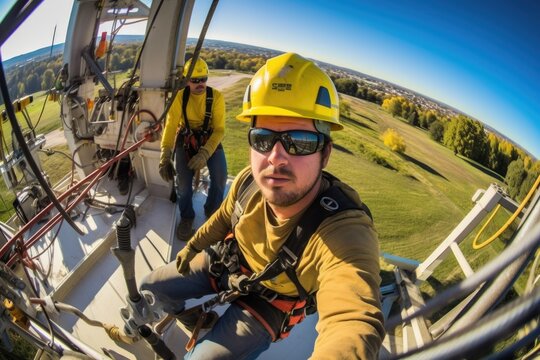 portrait photograph of power electrician Two people working at height wearing safety gear from a high voltage pylon.Generated with AI