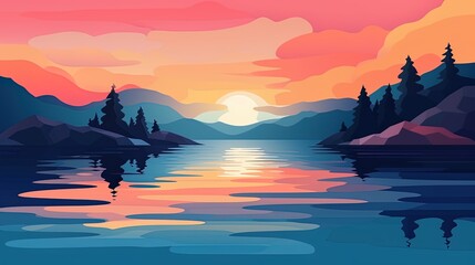 Naklejka na ściany i meble Nature Minimalist Abstraction of A Simple, Flat Design Background featuring Art, Sky, Landscape, Light, Water, and the Beauty of Abstraction. Created with Generative AI.