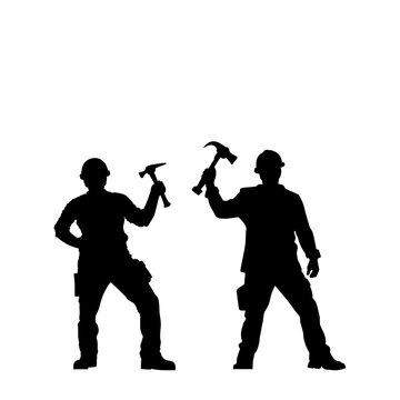 recommend clip art: Vector illustration. Silhouette of a builder with a hammer in his hand. Shadow set.