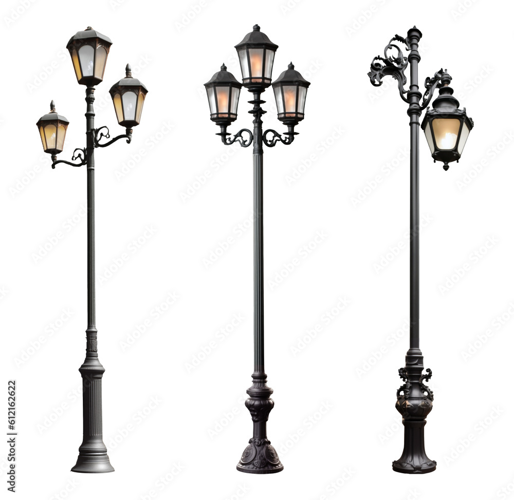 Wall mural vintage lamp post set isolated on transparent background - generative ai
