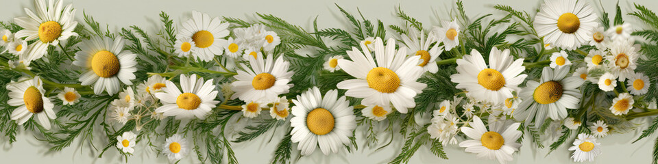 Fototapeta premium Frame of chamomiles, branches, leaves and lilac petals on white background. Flat lay, top view Generative AI