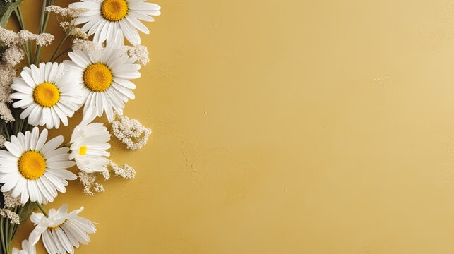 Frame of chamomiles, branches, leaves and lilac petals on white background. Flat lay, top view Generative AI