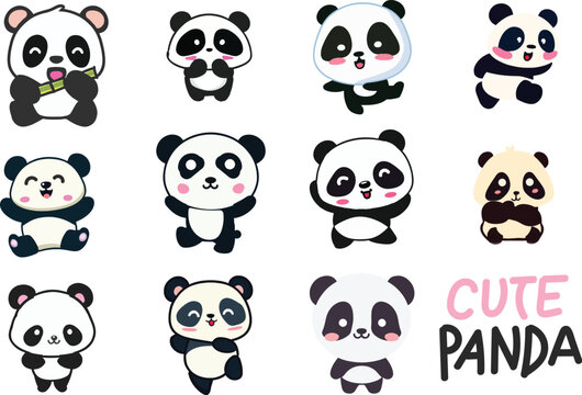 set of cute chibi kawaii panda