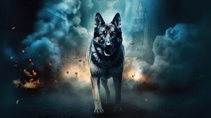 amazing powerful superhero german shepherd dog - obrazy, fototapety, plakaty