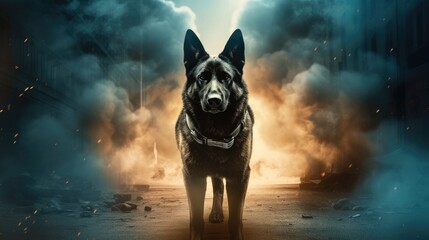 amazing powerful superhero german shepherd dog - obrazy, fototapety, plakaty