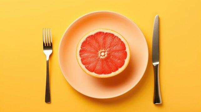 A slice of juicy grapefruit on top on a yellow plate orange fruit on a plate