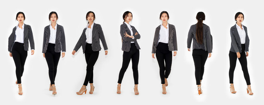 Different Pose Of Same Asian Woman Full Body Portrait Set On White Background Wearing Formal Business Suit In Studio Collection . Jivy