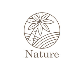 Naklejka premium Nature landscape logo, palm tree design and fertile fields planted