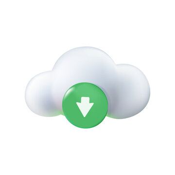 3d cloud download icon. Filemanager or filestorage concept, download multimedia file document from cloud management. Cartoon download image and video content digital file. Data transfer. 3d cloud