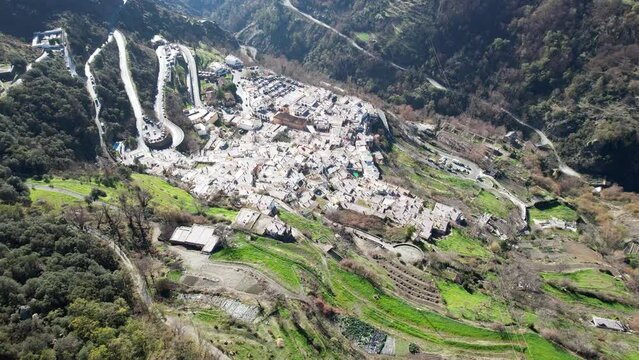 Aerial view above the beautiful village of Capileira in the gorge of the Poqueira in Andalusia Spain	