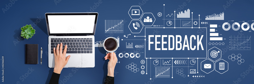 Poster feedback theme with person using a laptop computer