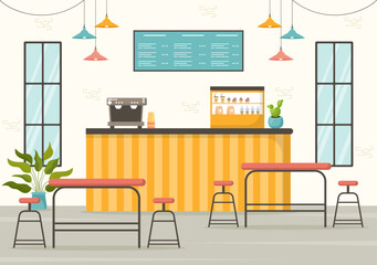 Cafe Vector Illustration of Interior with Bar stand, Table and Armchairs in Flat Cartoon Hand Drawn Landing Page Restaurant Background Templates