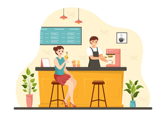 Cafe Vector Illustration of Interior with Bar stand, Table and Armchairs in Flat Cartoon Hand Drawn Landing Page Restaurant Background Templates