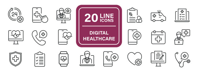 Digital healthcare line icons. Editable stroke. For website marketing design, logo, app, template, ui, etc. Vector illustration.