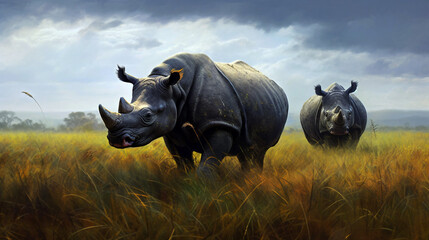 Rhinoceros in smoky grassland, generative ai illustration