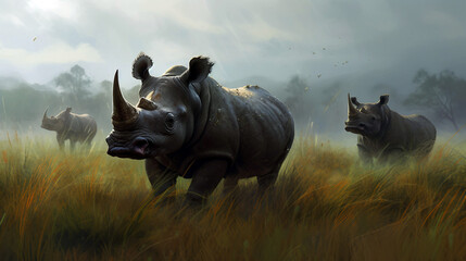 Rhinoceros in smoky grassland, generative ai illustration