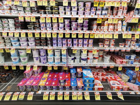 Wilmington, Delaware, U.S - May 30, 2023 - Varieties of yogurt brands on the shelves