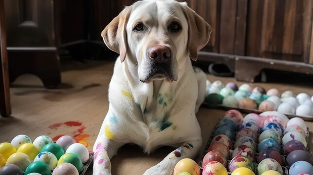 Dog with Paint Stains and Colored Easter Eggs
