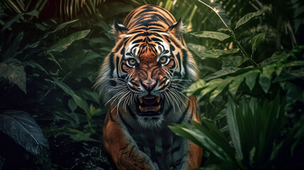 Tiger coming from Tropical leaves. Danger animal generative ai illustration