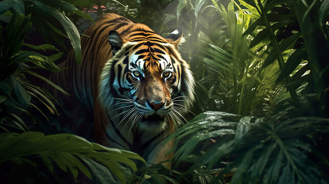 Tiger coming from Tropical leaves. Danger animal generative ai illustration
