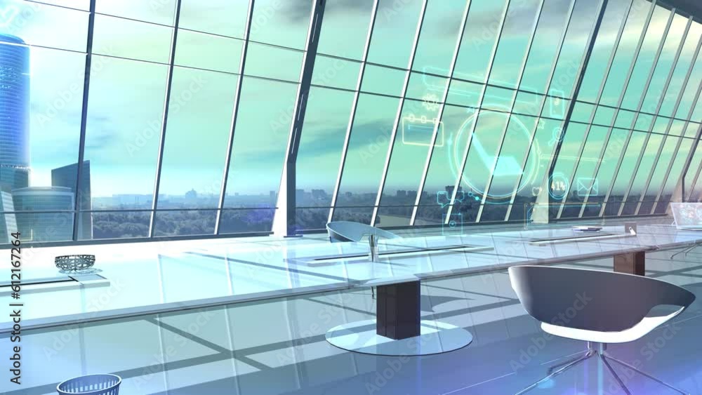Poster infographic holograms in a light office with panoramic windows. 3d render