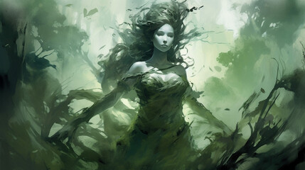 Fototapeta premium Generative AI, A Banshee emerging from a misty forest