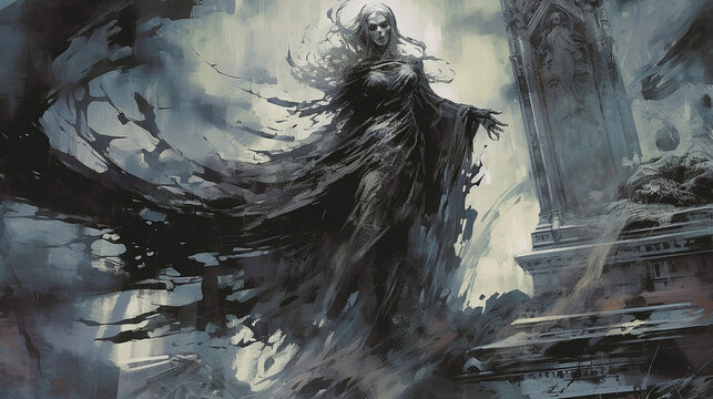 Generative AI, A Banshee perched on a crumbling gravestone