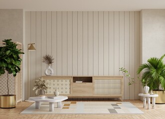 Modern interior of living room with cabinet for tv on wooden slat cream color wall background.3d rendering