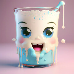 Funny glass of milk with smiley face on pink background generative ai