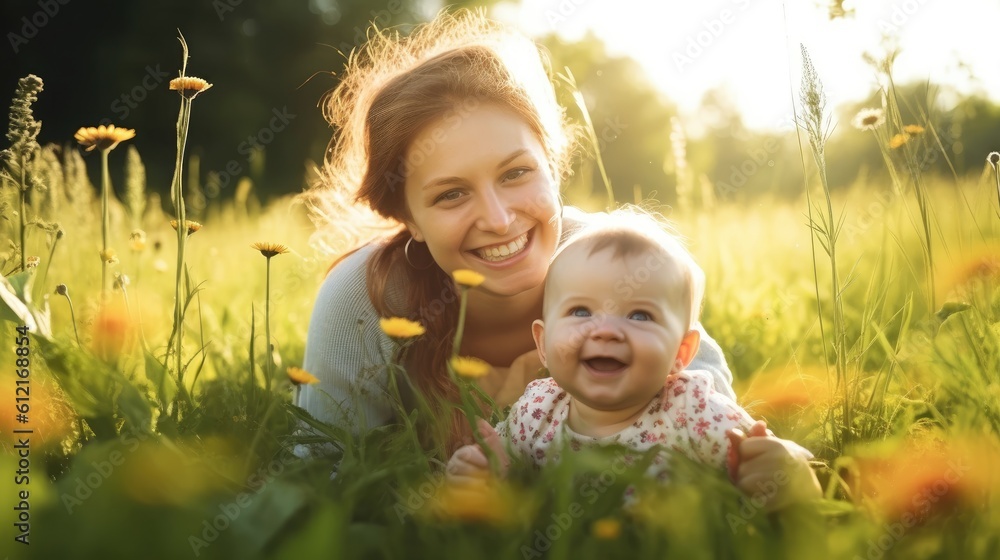 Wall mural mother and child in the field