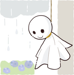 てるてる坊主のイラスト　雨天、紫陽花