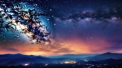 Fototapeta na wymiar Panorama view universe space shot of milky way galaxy lights in the night sunset in the mountains