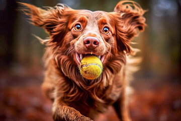 A dog catching a ball in mid-air with intense focus and determination, highlighting its agility and athleticism.