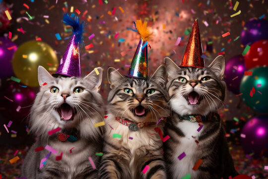 3 fröhliche Party Katzen mit Partyhüten, Luftballons und Konfetti in Partystimmung. Generative Ai