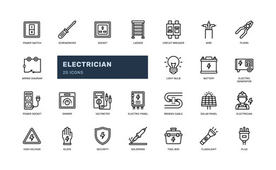 electricity electrician technician electronic voltage power detailed outline line icon set