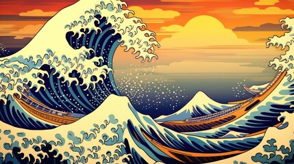 The Great Wave off Kanagawa ukio-e landscape with horses