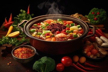 Chongqing spicy  hot pot on dark background 
