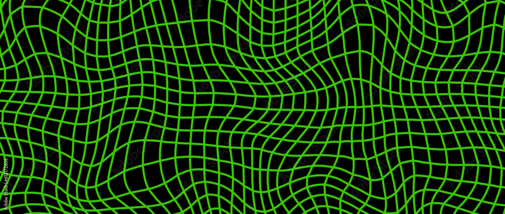 Fototapete Distorted green wireframe background. Abstract wavy checkerboard wallpaper. Warped and curved grid surface pattern. Geometric texture with optical illusion effect. Vector illustration