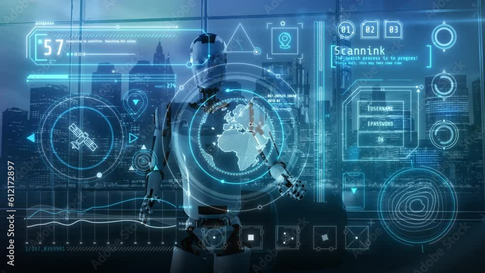 Poster artificial intelligence works with satellite communications hologram. 3d render