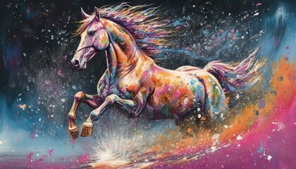 art horse in space . dreamlike background with horse . Hand Drawn Style illustration - obrazy, fototapety, plakaty