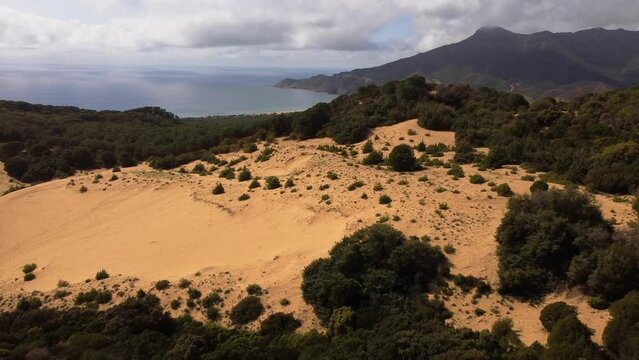 Sardinia amazing dune sand landscape, wilderness panoramic coastline, aerial